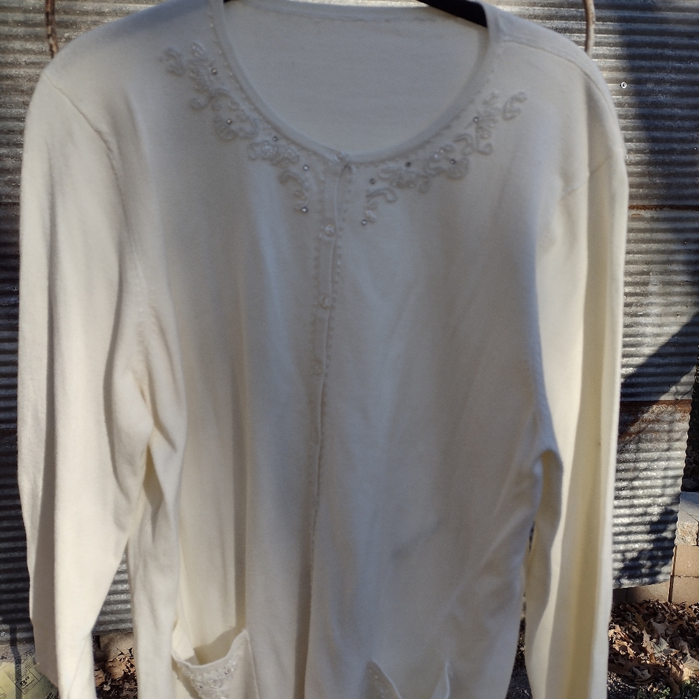 80's Vintage beaded and rhinestone cardigan, Ivory